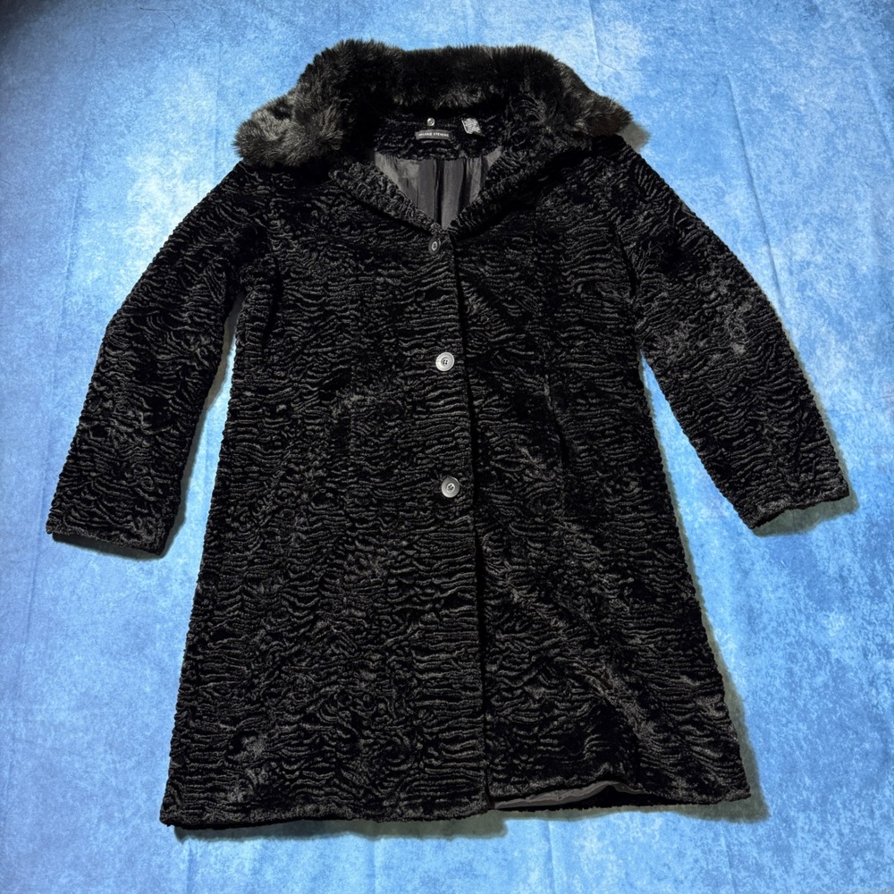 Y2K Valerie Stevens Black Faux Fur Textured Long Coat Jacket Women L